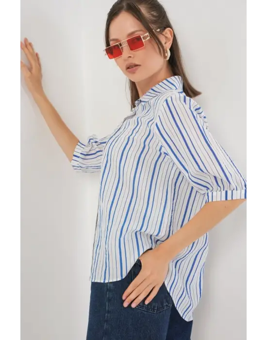 Çizgili Kısa Kol Gömlek 20345 - Mavi