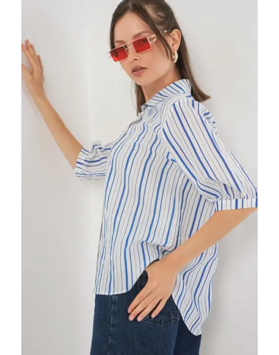 Çizgili Kısa Kol Gömlek 20345 - Mavi