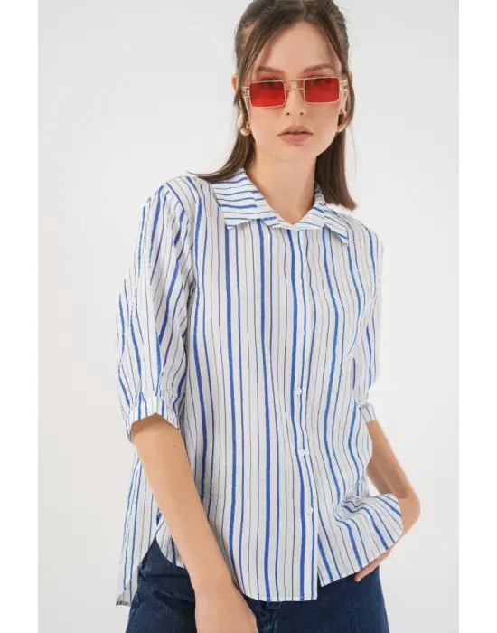 Çizgili Kısa Kol Gömlek 20345 - Mavi