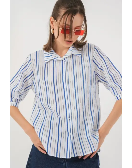 Çizgili Kısa Kol Gömlek 20345 - Mavi