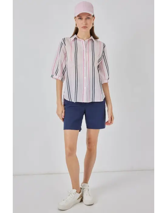 Çizgili Kısa Kol Gömlek 20345 - Pembe