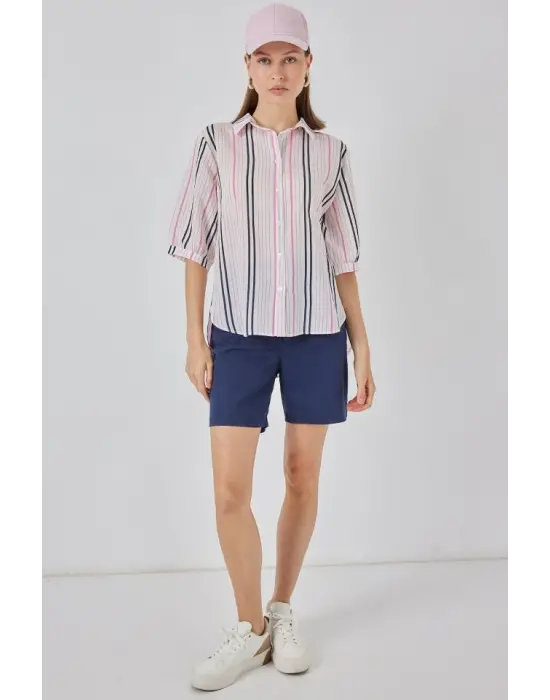 Çizgili Kısa Kol Gömlek 20345 - Pembe