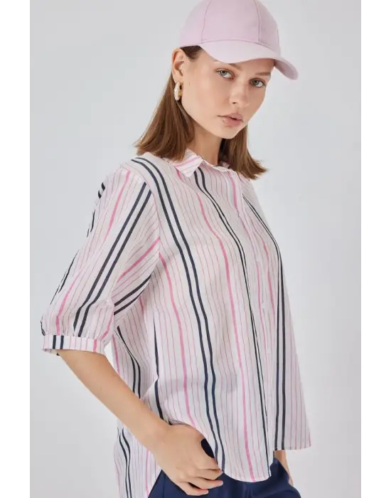 Çizgili Kısa Kol Gömlek 20345 - Pembe