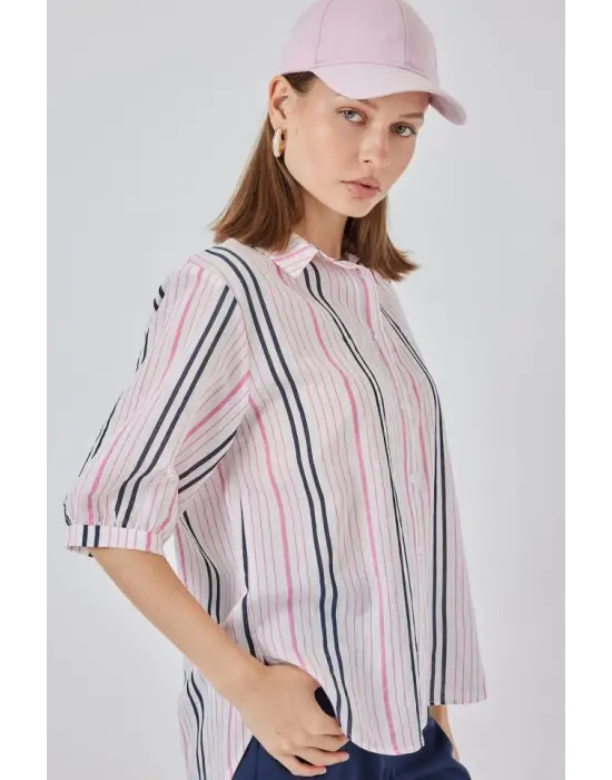 Çizgili Kısa Kol Gömlek 20345 - Pembe
