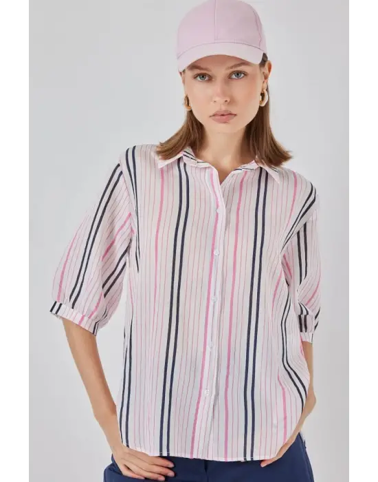 Çizgili Kısa Kol Gömlek 20345 - Pembe