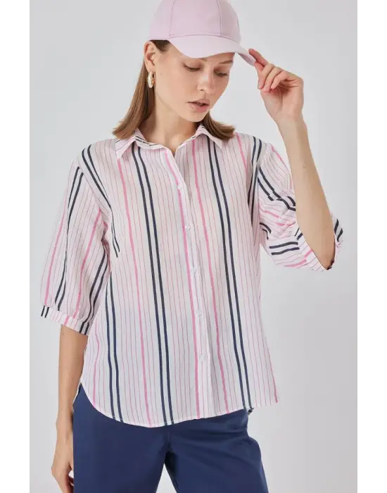 Çizgili Kısa Kol Gömlek 20345 - Pembe