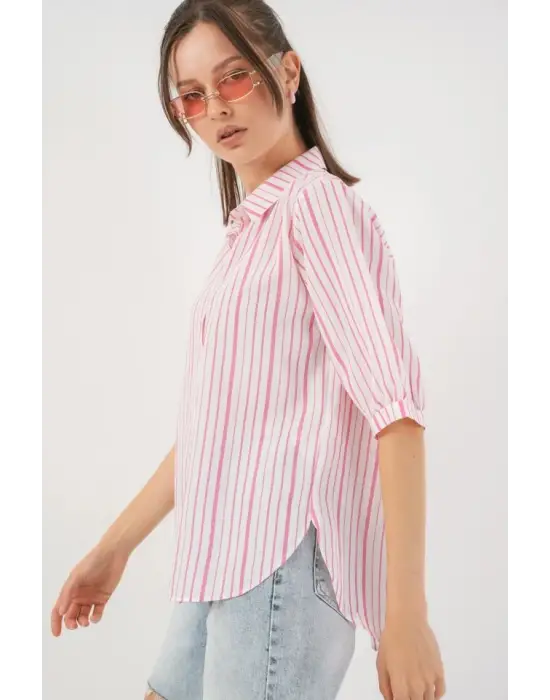 Çizgili Kısa Kol Gömlek 20345 - Pudra