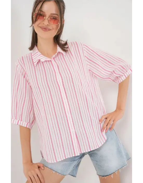 Çizgili Kısa Kol Gömlek 20345 - Pudra