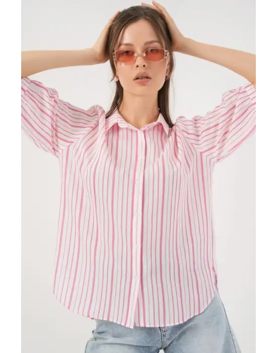 Çizgili Kısa Kol Gömlek 20345 - Pudra