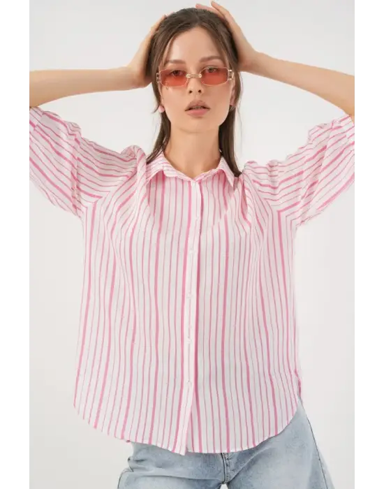 Çizgili Kısa Kol Gömlek 20345 - Pudra