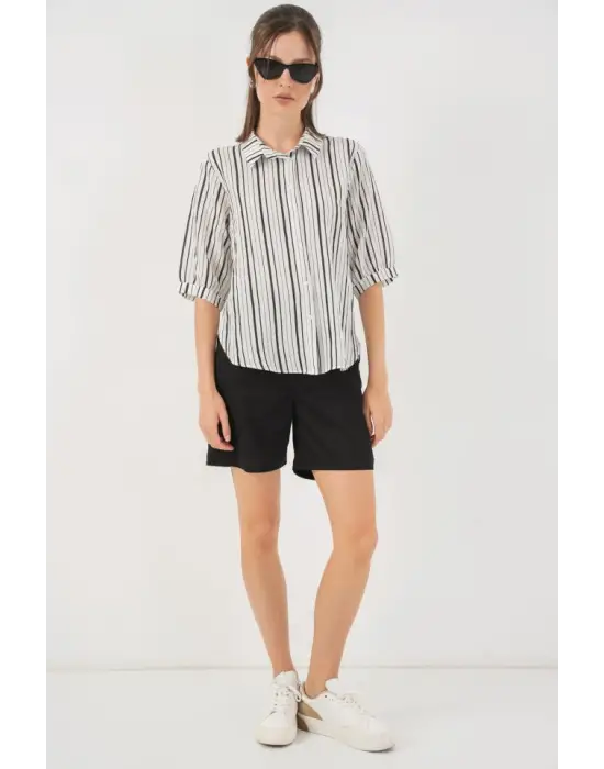 Çizgili Kısa Kol Gömlek 20345 - Siyah