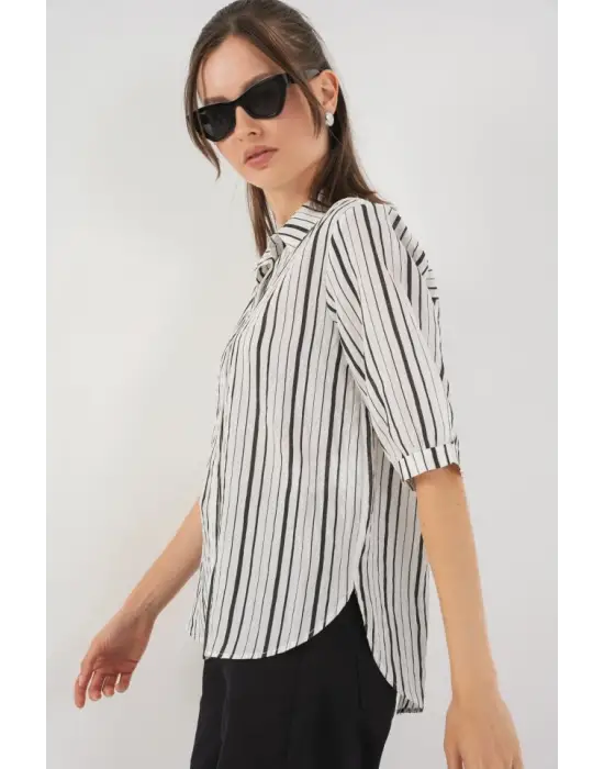 Çizgili Kısa Kol Gömlek 20345 - Siyah