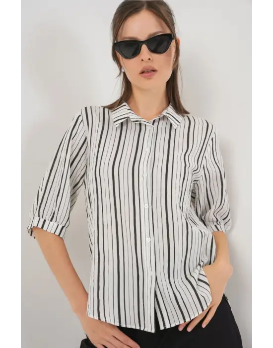 Çizgili Kısa Kol Gömlek 20345 - Siyah