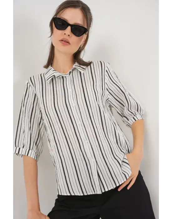Çizgili Kısa Kol Gömlek 20345 - Siyah