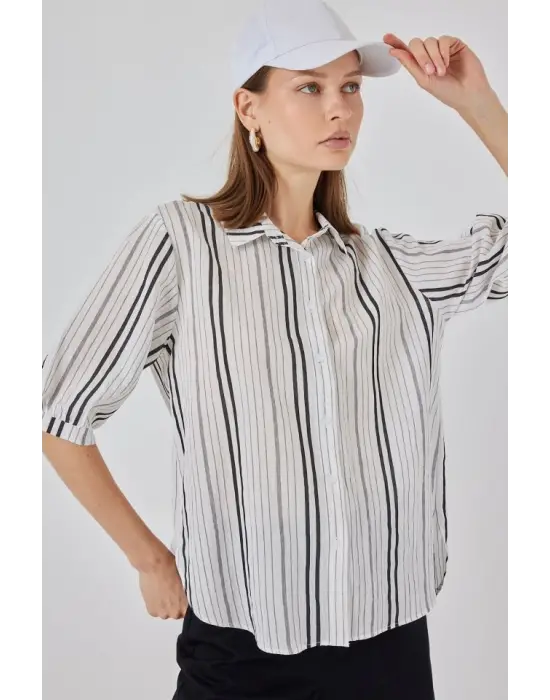 Çizgili Kısa Kol Gömlek 20345 - Taş