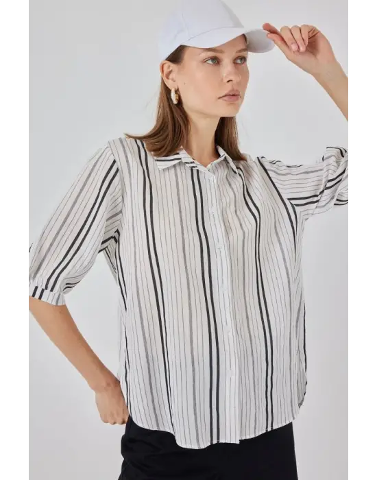 Çizgili Kısa Kol Gömlek 20345 - Taş