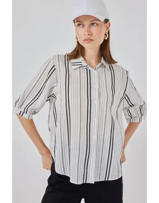 Çizgili Kısa Kol Gömlek 20345 - Taş