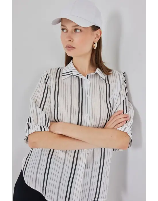 Çizgili Kısa Kol Gömlek 20345 - Taş