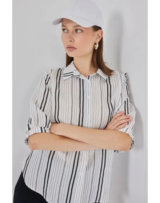 Çizgili Kısa Kol Gömlek 20345 - Taş