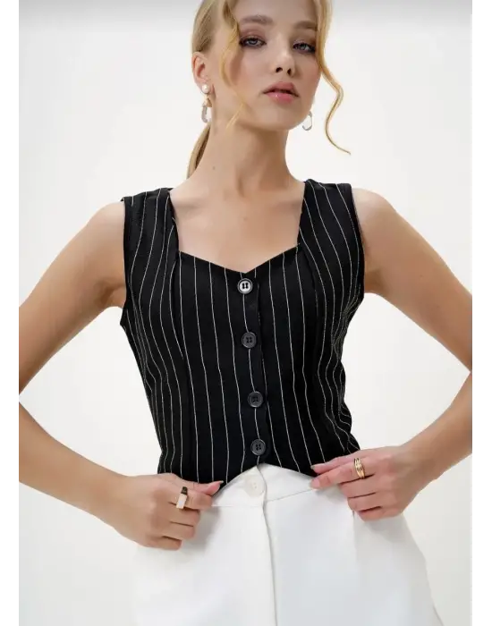 Çizgili krep düğmeli yelek siyah s3395
