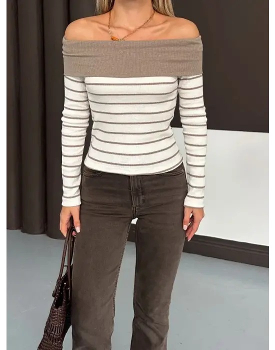 Çizgili madonna yaka kaşkorse bluz bej a844