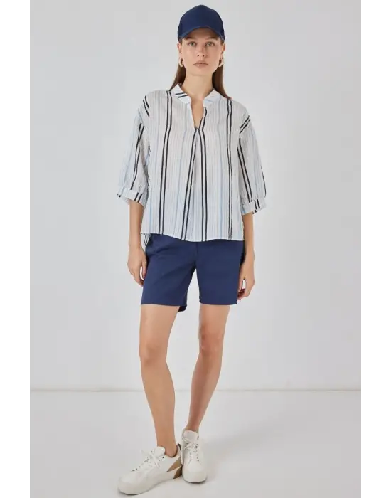 Çizgili Oversize Bluz 967 - Açık Mavi