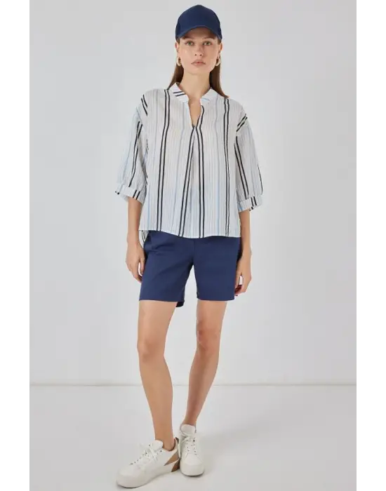 Çizgili Oversize Bluz 967 - Açık Mavi
