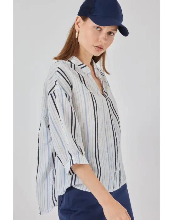 Çizgili Oversize Bluz 967 - Açık Mavi