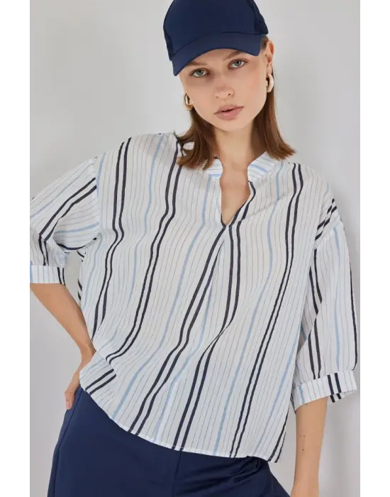 Çizgili Oversize Bluz 967 - Açık Mavi