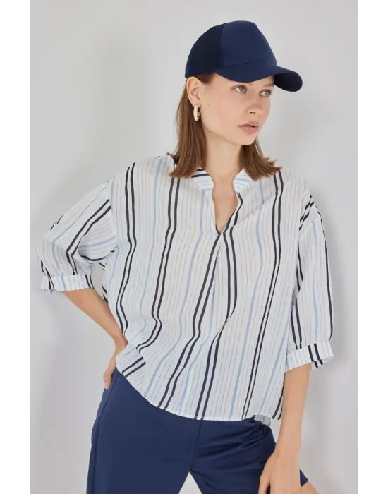 Çizgili Oversize Bluz 967 - Açık Mavi