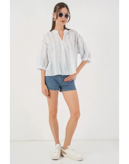 Çizgili Oversize Bluz 967 - A.Mavi