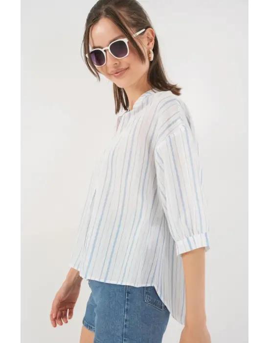 Çizgili Oversize Bluz 967 - A.Mavi