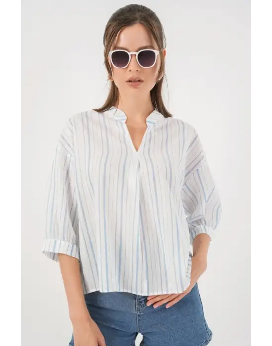 Çizgili Oversize Bluz 967 - A.Mavi