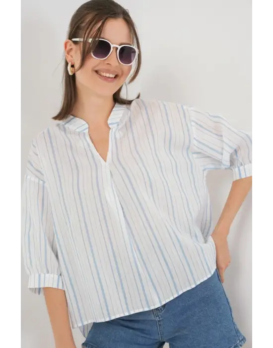 Çizgili Oversize Bluz 967 - A.Mavi