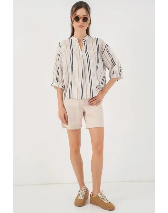 Çizgili Oversize Bluz 967 - Bej