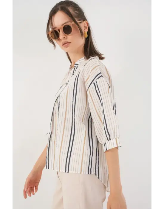 Çizgili Oversize Bluz 967 - Bej