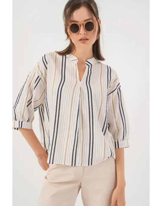 Çizgili Oversize Bluz 967 - Bej