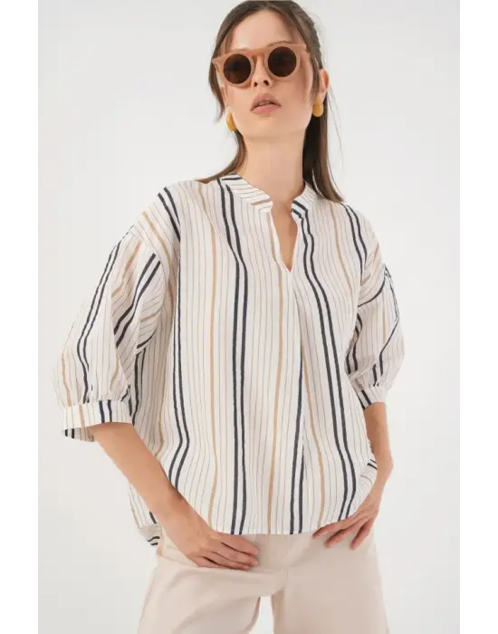 Çizgili Oversize Bluz 967 - Bej