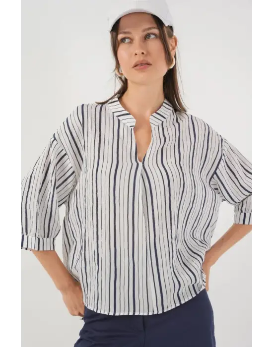 Çizgili Oversize Bluz 967 - F.Lacivert