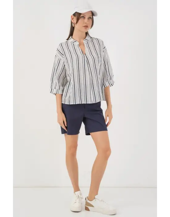 Çizgili Oversize Bluz 967 - F.Lacivert
