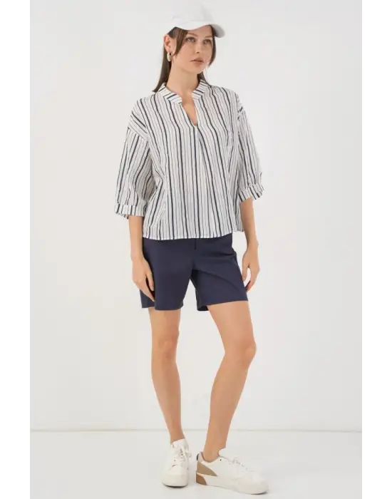 Çizgili Oversize Bluz 967 - F.Lacivert