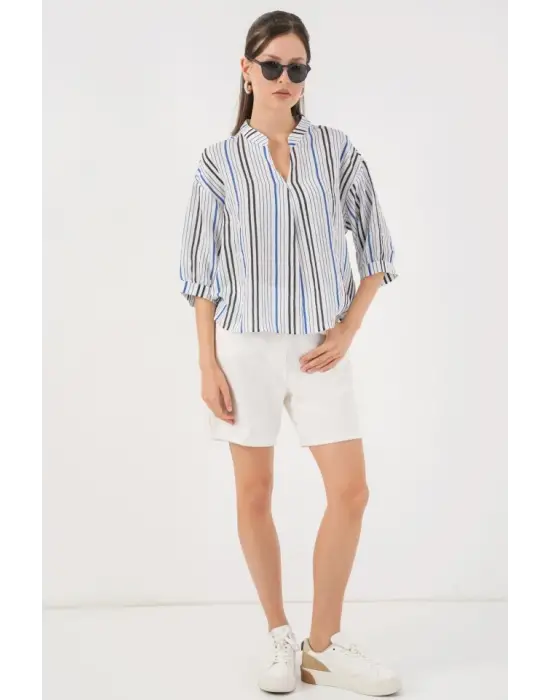 Çizgili Oversize Bluz 967 - Lacivert