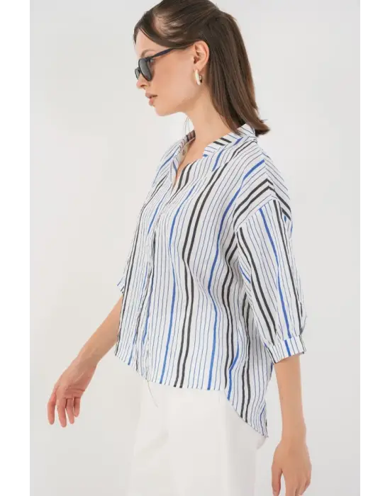 Çizgili Oversize Bluz 967 - Lacivert