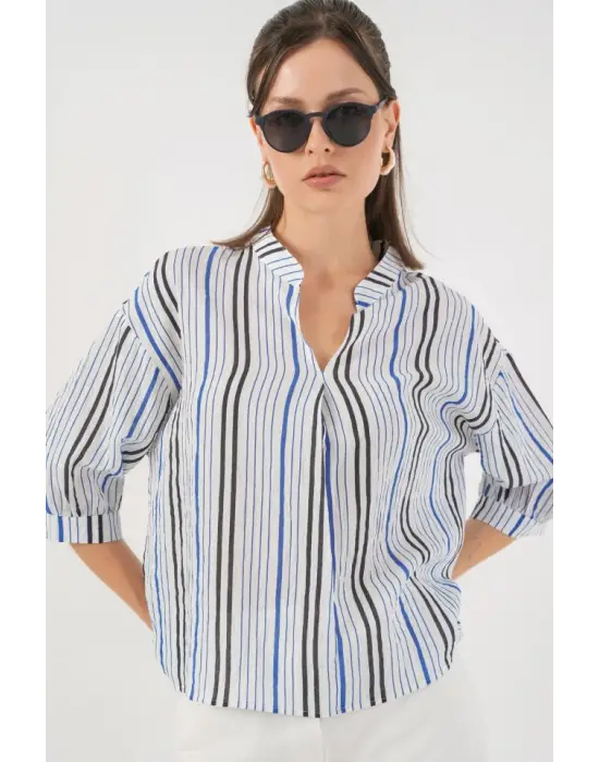 Çizgili Oversize Bluz 967 - Lacivert