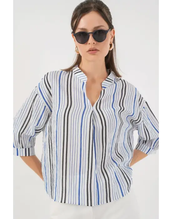 Çizgili Oversize Bluz 967 - Lacivert