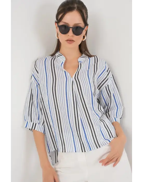 Çizgili Oversize Bluz 967 - Lacivert