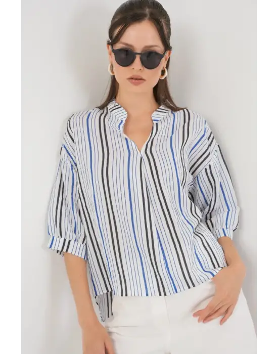 Çizgili Oversize Bluz 967 - Lacivert