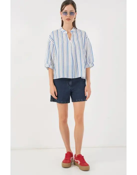 Çizgili Oversize Bluz 967 - Mavi