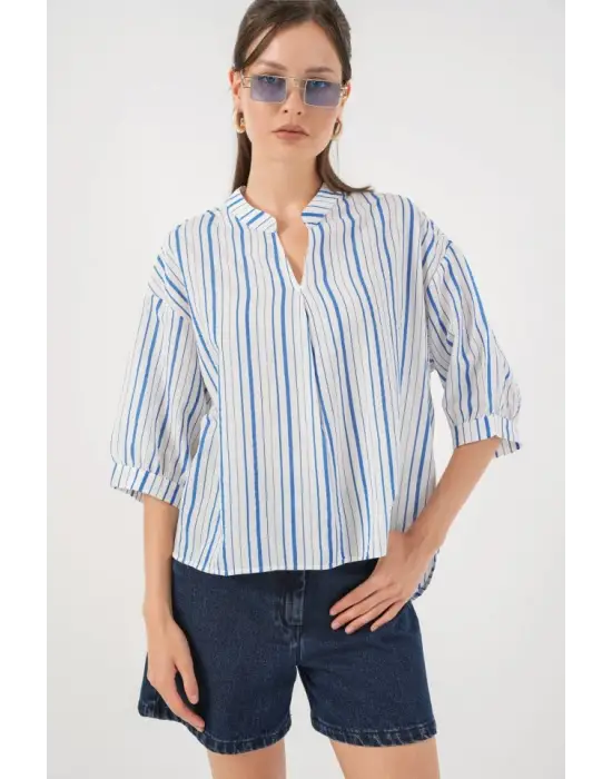 Çizgili Oversize Bluz 967 - Mavi
