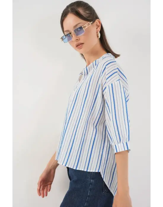 Çizgili Oversize Bluz 967 - Mavi